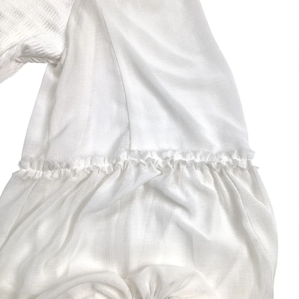 Anthropologie White Textured Knit Sheer‎ Balloon Sleeve Blouse Small